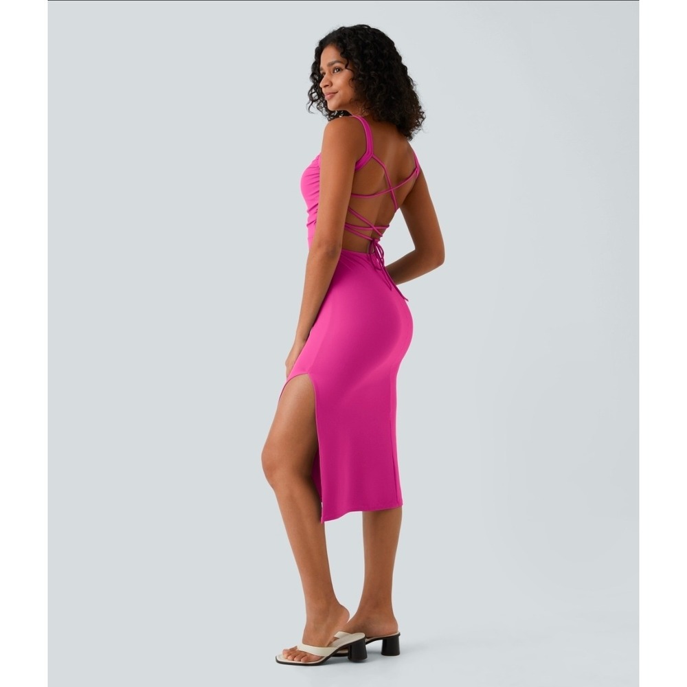 Halara SoftlyZero Airy Ruched Lace Up Bodycon Midi Dress Small Fuchsia